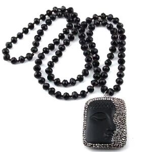 Buddha Luck Gayatri Black Beaded Long Crustal Necklace